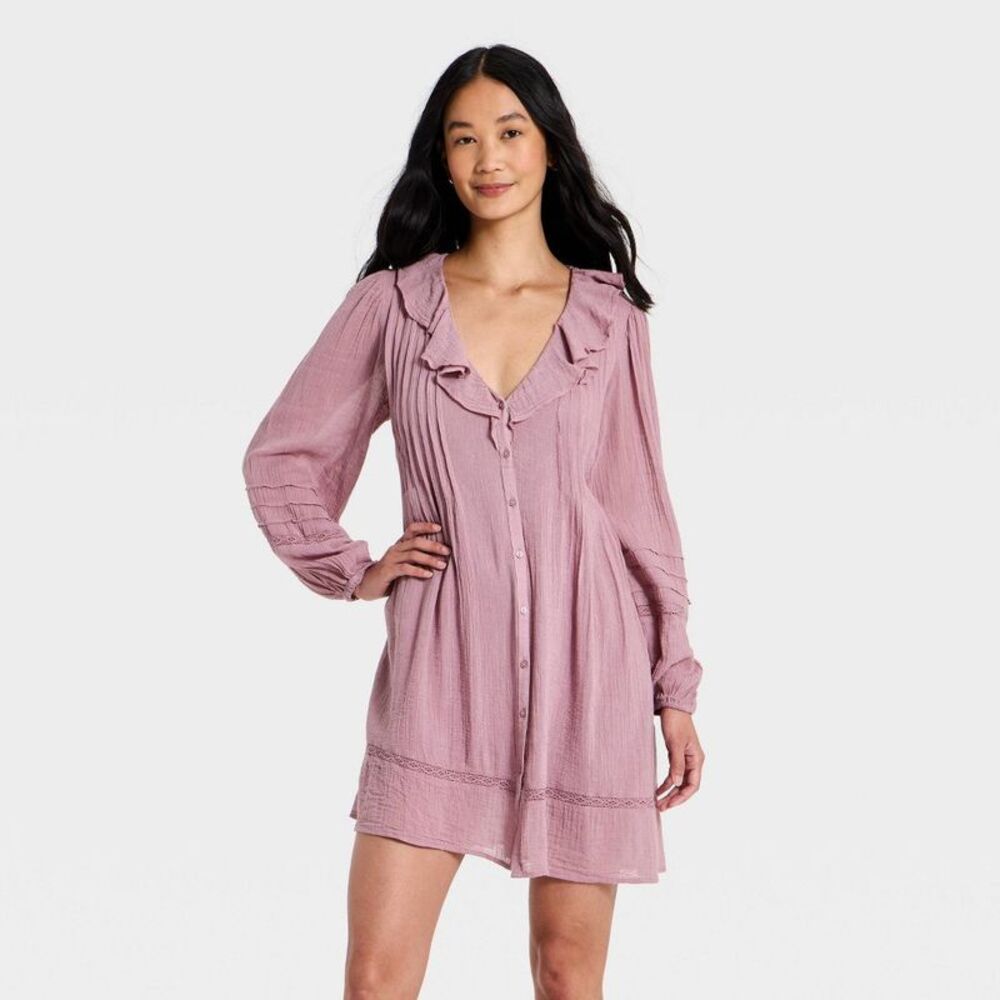 Women's Long Sleeve Ruffle Mini Dress - Universal Thread Mauve XS